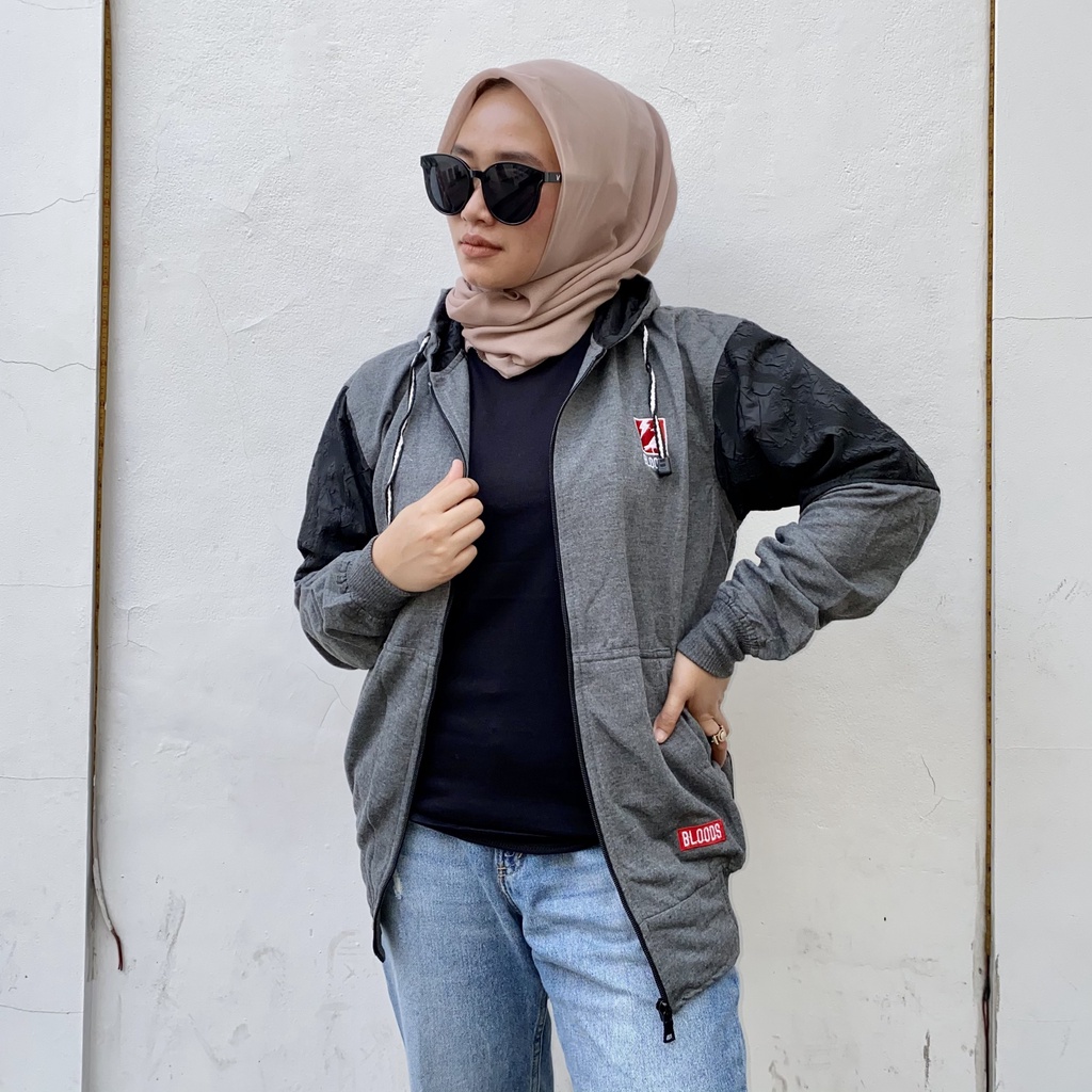 Jaket Sweater Zipper Bordir Kombinasi Qwilting ABU TUA BLDS