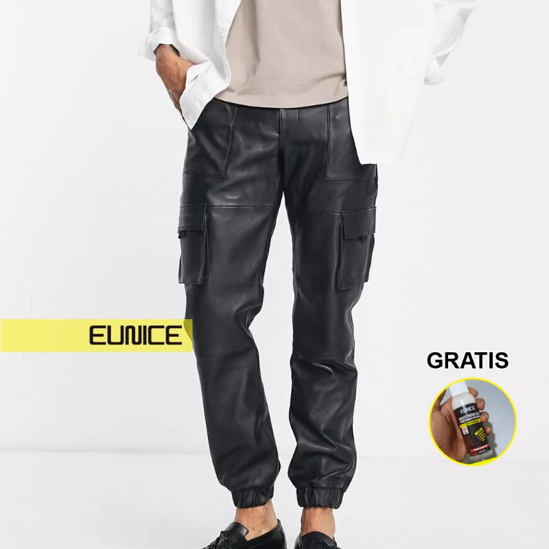 Eunice Celana Kargo Joger Kulit Panjang Pria Jogger - Hitam