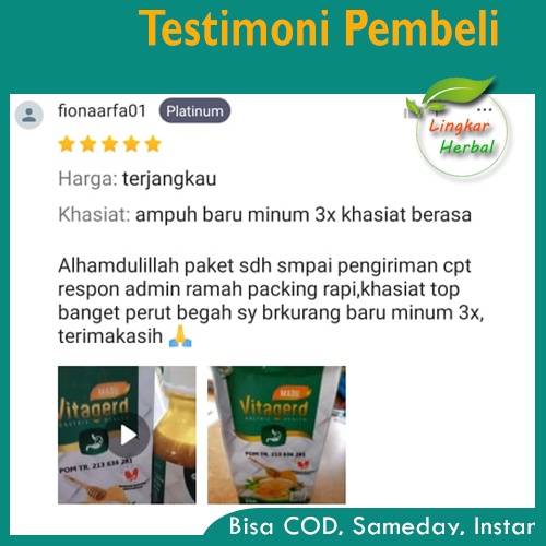 Madu VITAGERD Herbal GERD dan Asam Lambung Original Asli Ori dengan Gejala Susah Tidur Sakit Kepala Kleyengan Tenggorokan Sesak Perut Dada Panas Punggung Linu Panik jantung Berdebar