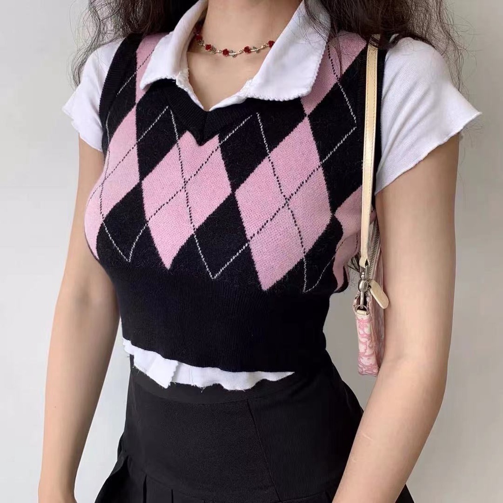 ROSE Vest Rompi Argyle V Neck Motif Sweater Kotak Rajut Wanita Korea