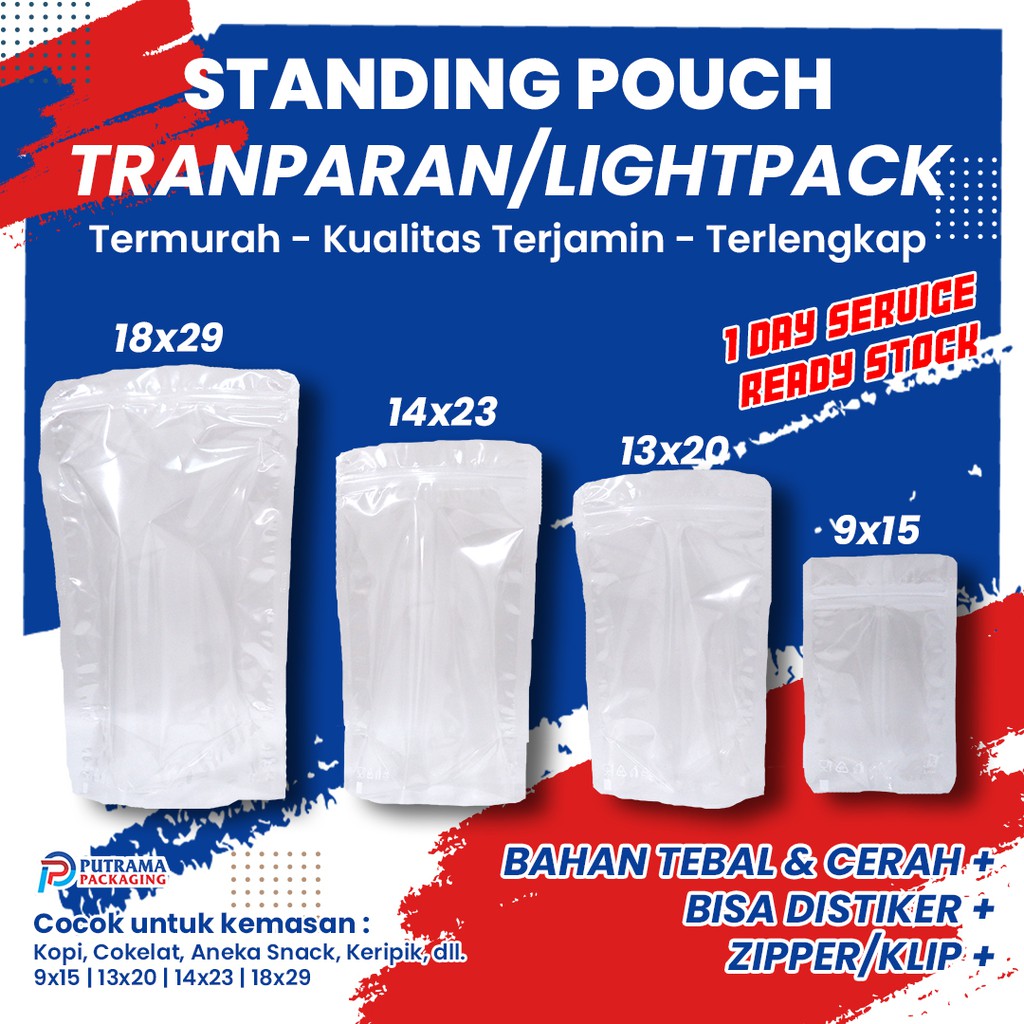 Kemasan Ecer Standing Pouch Transparan Kpack Plastik Ziplock Plastik Klip Berdiri Isi 10 Pcs 9550