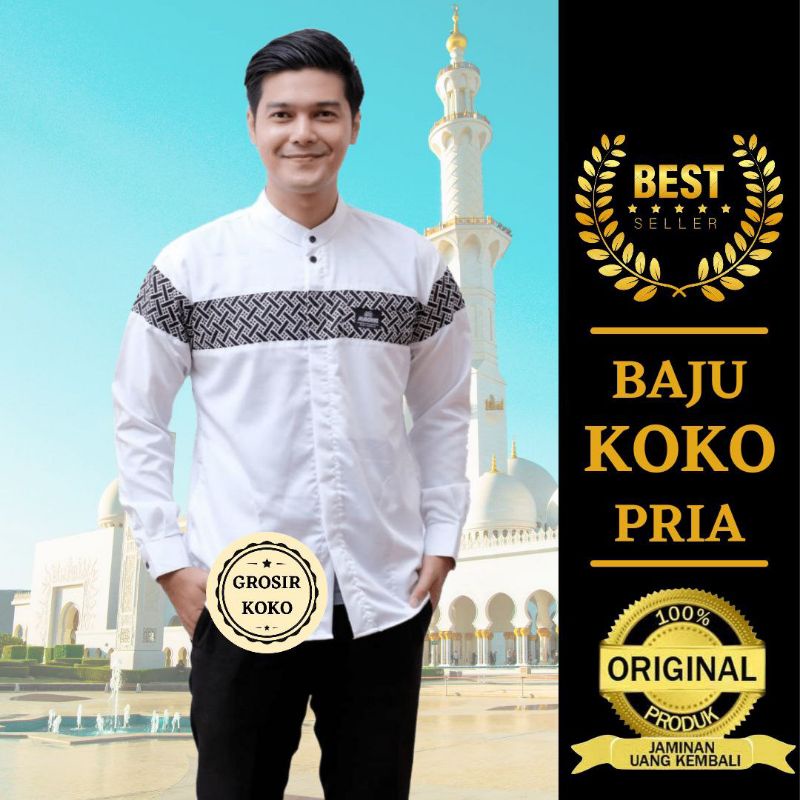 Promo Baju Muslim Pria Lengan Panjang Motif Kobata Qynang Kombinasi batik Warna Putih Terbaru Origin