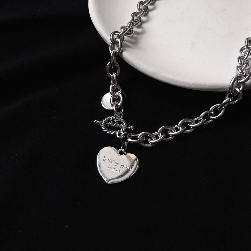 Kalung Rantai Bahan Titanium Steel Aksen Hati Dan Tulisan Love You More Gaya Hip Hop Untuk Wanita