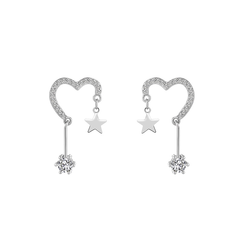 Roselife S925 Korean Crystal Heart Star Earrings Chic Fashion Ear Jewelry 1 Pair