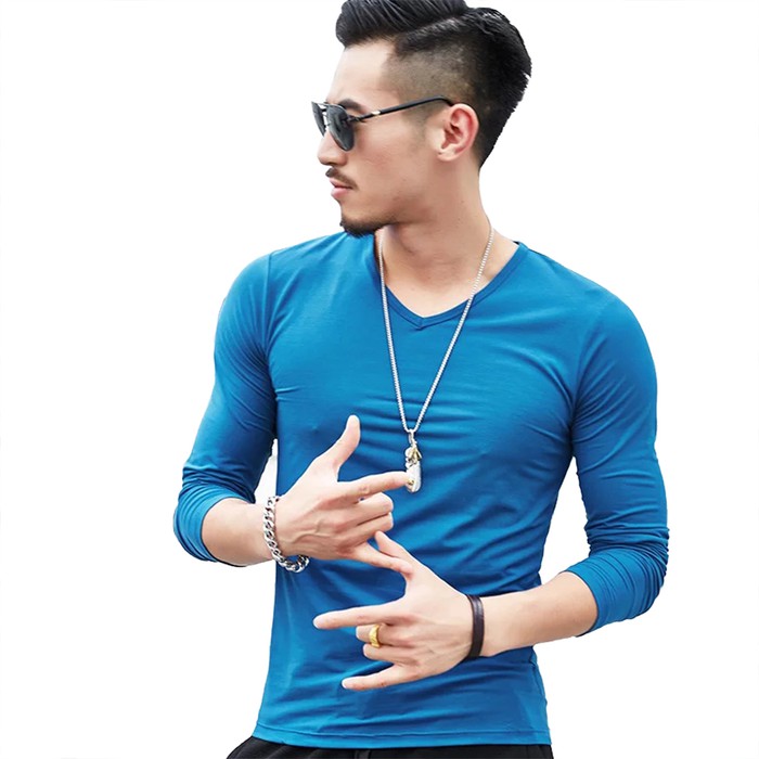 Kaos Lengan Panjang Pria Leher V Gaya Korea -  Duncan - Biru Xl