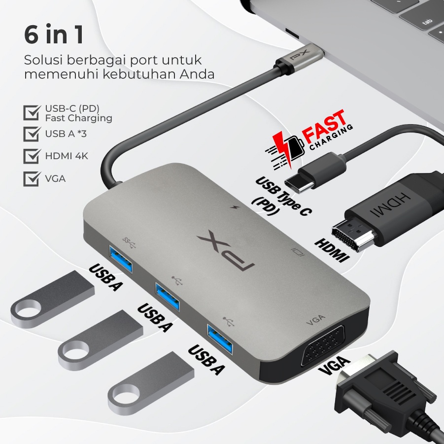 USB Hub Type C 3.1 to HDMI 4K VGA USB Macbook Laptop 6 in 1 PX UCH60