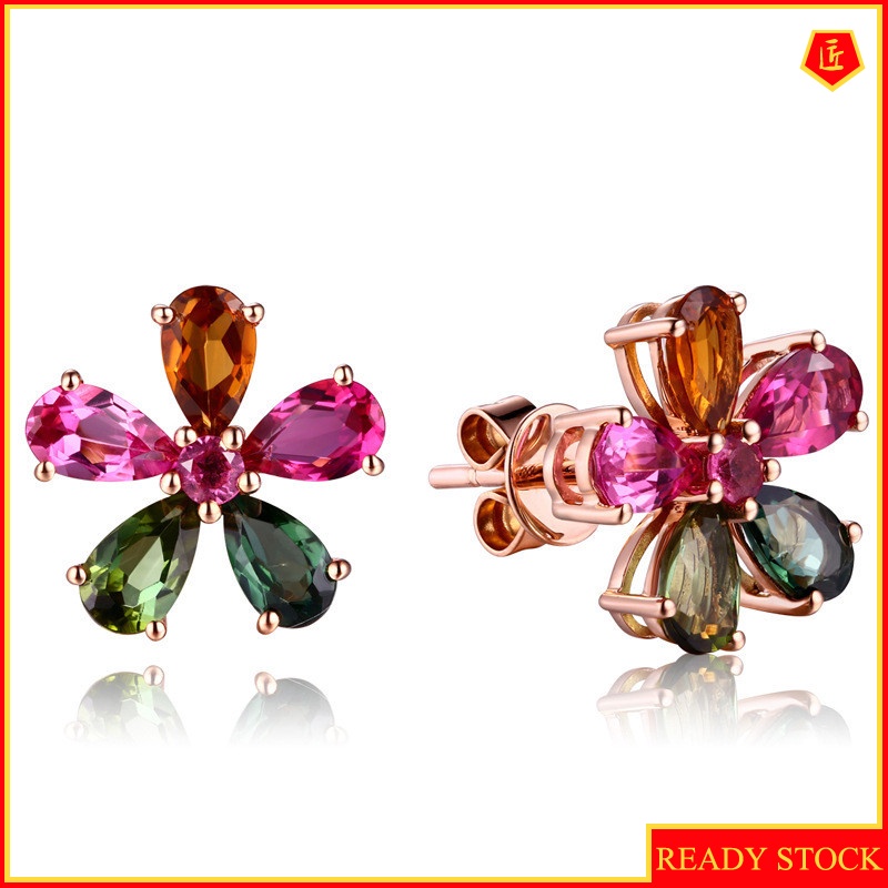 [Ready Stock]18K Rose Gold Diamond Colored Gemstone Earrings Fashion