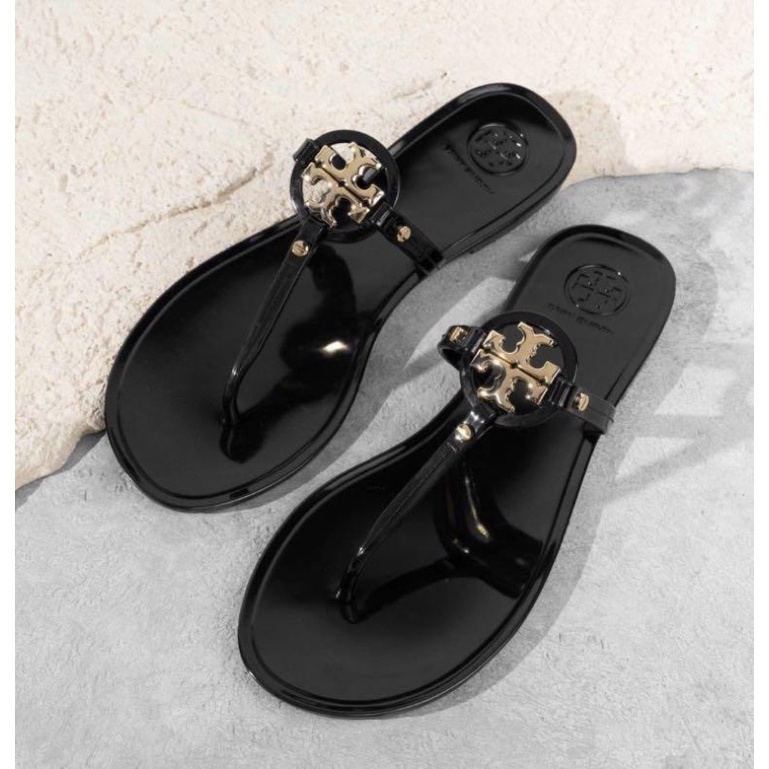 LIKE NEW SANDAL TORY BURCH BLACK GOLD LOGO SHOES BRANDED AUTHENTIC ORIGINAL GLOSSY TB SEPATU SECOND 