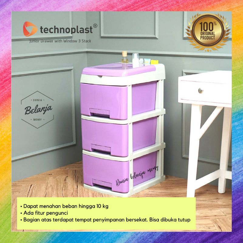Technoplast Lemari Laci Plastik Susun 3 Junior Drawer Warna Ungu Tahan Berat 10 Kg