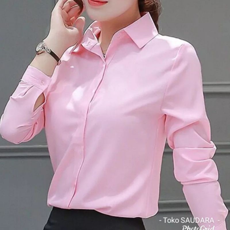 kemeja formal wanita lengan panjang pink baby