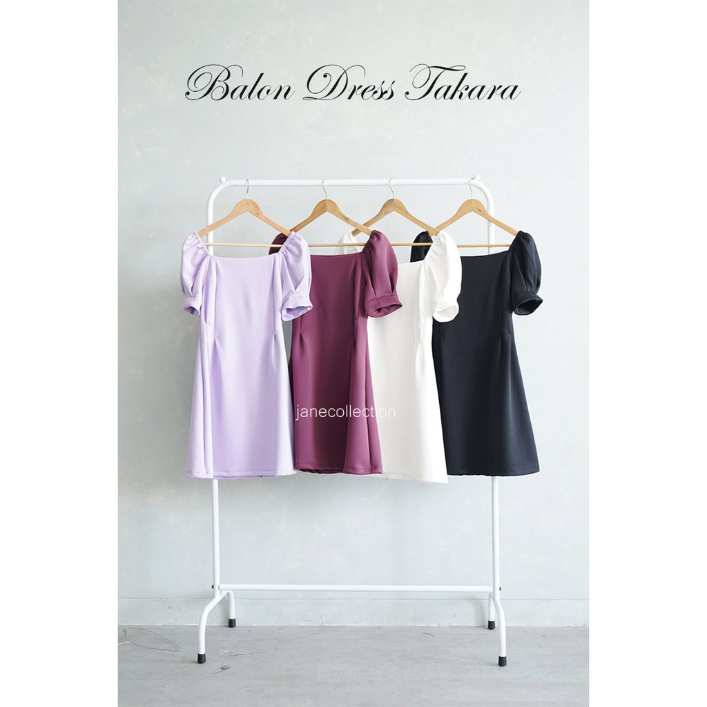 JANE COLLECTION || Dress Sabrina Wanita Square Neck Lengan Balon Dress Takara Hitam Putih Lilac Pink