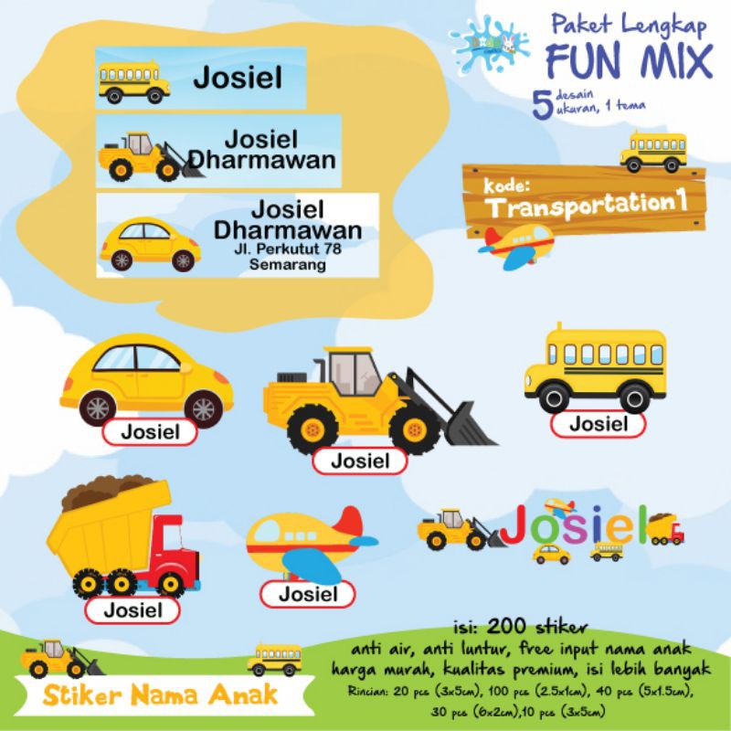 

200 PCS STIKER LABEL NAMA FUN MIX ANTI AIR GAMBAR TRANSPORTATION