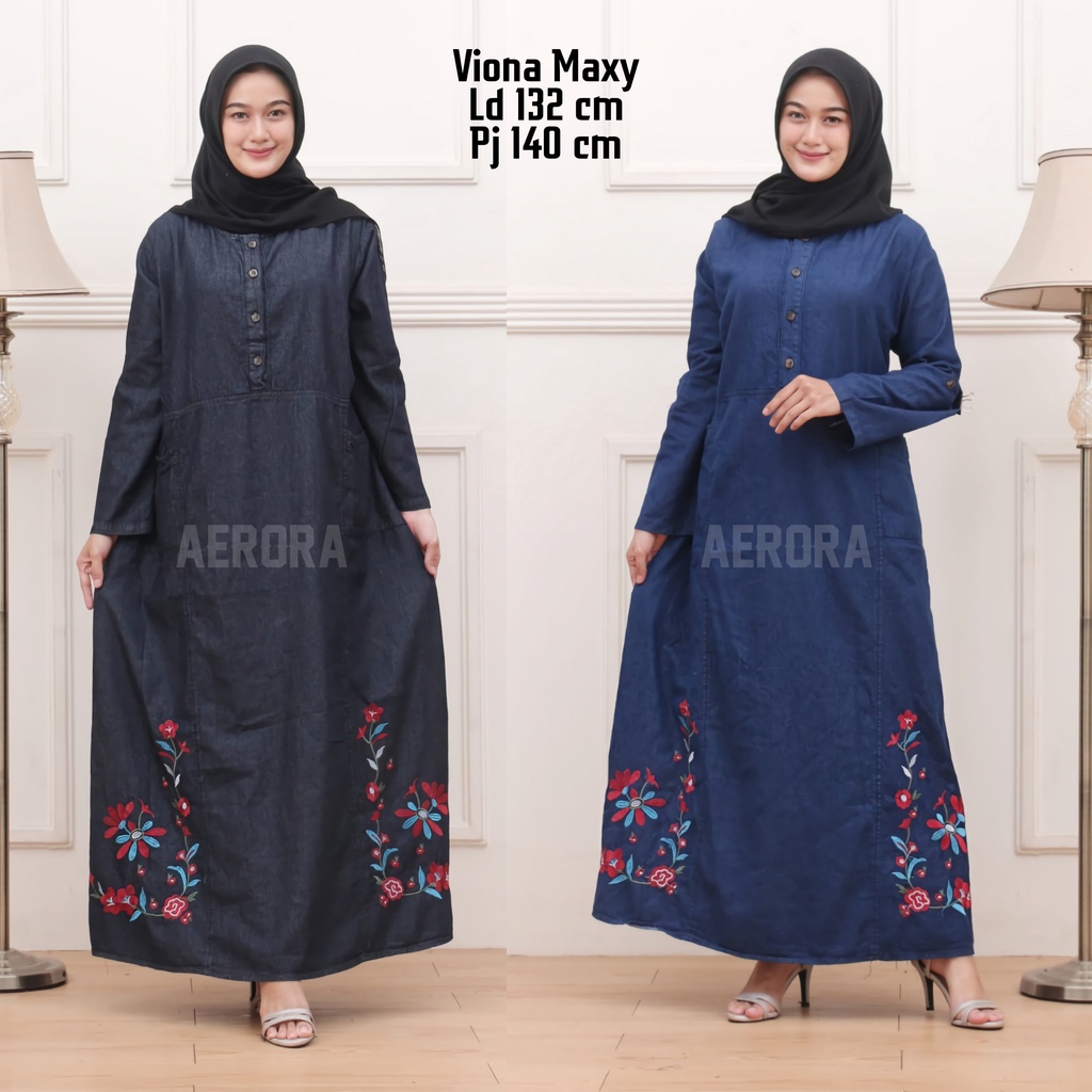 Baju Gamis Dress Jeans Jins Denim Jumbo Bigsize  Wanita Terbaru 2023 Kondangan Muslim Busui Bordir Halus Kantong Aktif Kekinian Ld 132 P 140 Cleopatra #2 Maxy Allsize