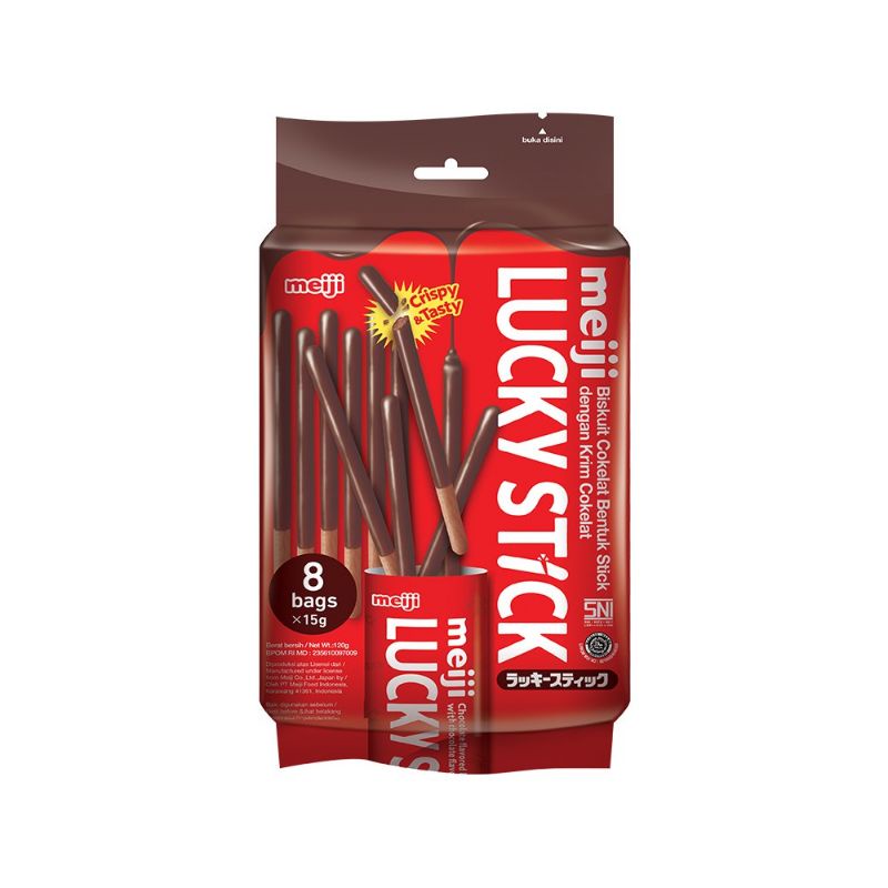 Meiji Lucky Biskuit Stick FAMILY PACK coklat / strawberry 120 gr isi 8 bags