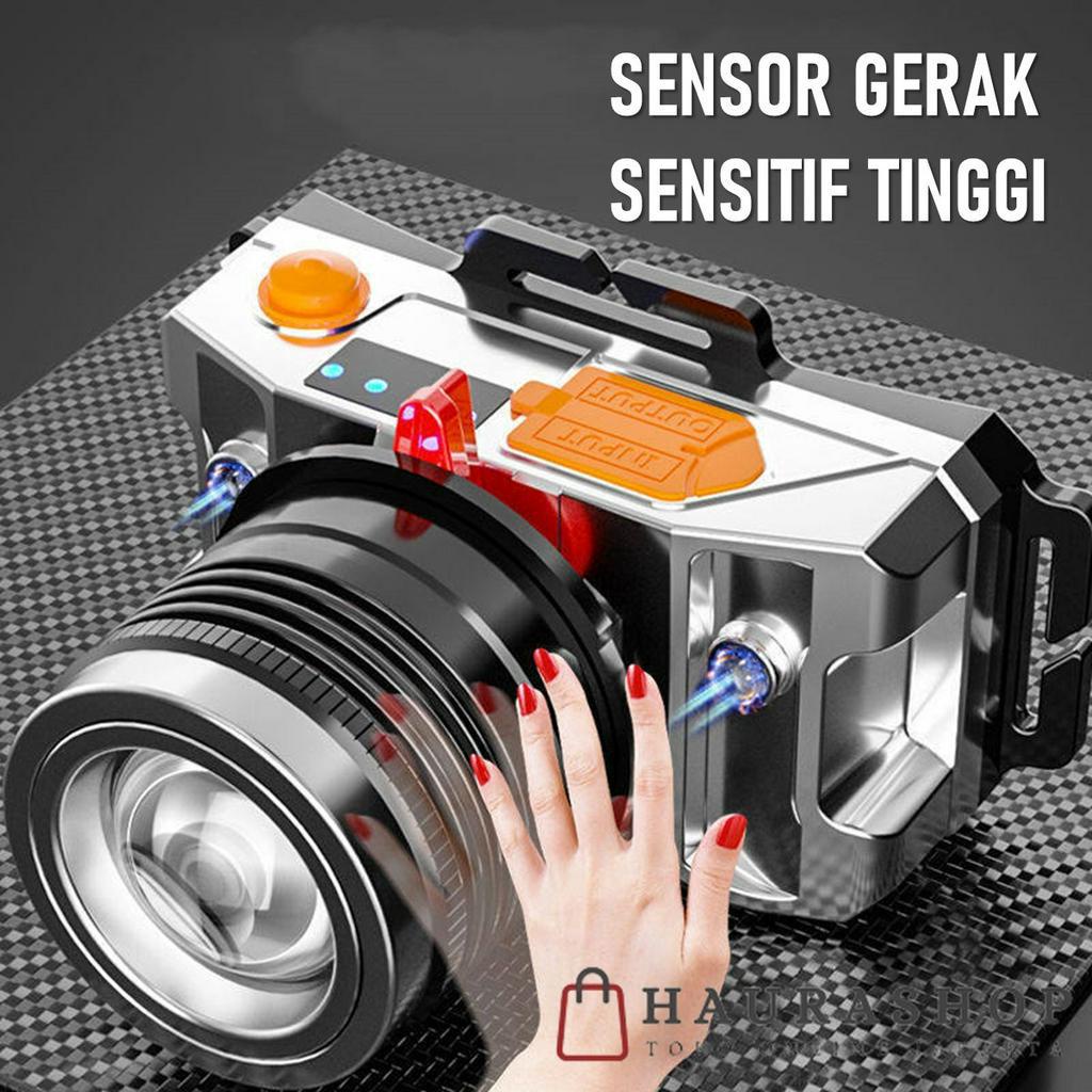 HEADLAMP SENTER KEPALA LED 50W SENSOR GERAK ZOOM PUTAR USB RECHARGEABLE