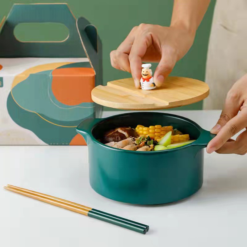 Mangkok keramik dengan tutup kayu mangkok mie sayur large bowl ceramic