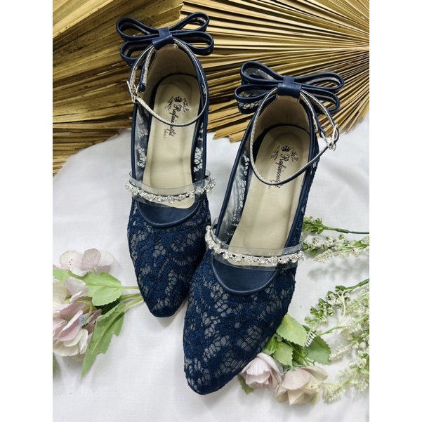 Rafaizoutfit sepatu wanita hak kaca navy vilia  tali pita 5cm hak kaca