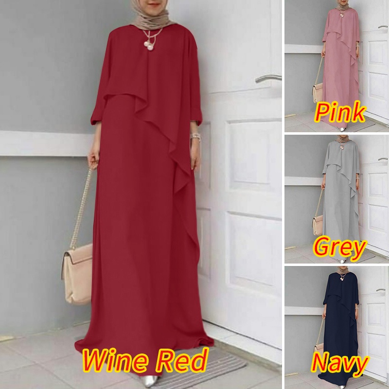 ZANZEA Women Solid Color Full Sleeve O Neck  Elegant Muslim Maxi Dress