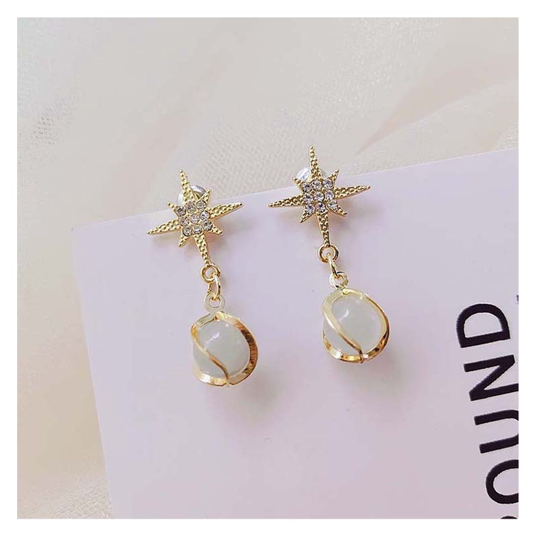 Anting Tusuk Panjang Bentuk Bintang Bahan Sterling Silver 925 Hias Opal + Berlian Imitasi Untuk Wanita