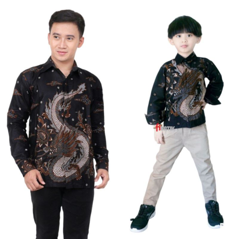 Kemeja Batik Ayah Dan Anak Laki-laki Lengan Panjang Motif Naga Warna Dasar Hitam // Couple Batik Ayah Dan Anak cowok