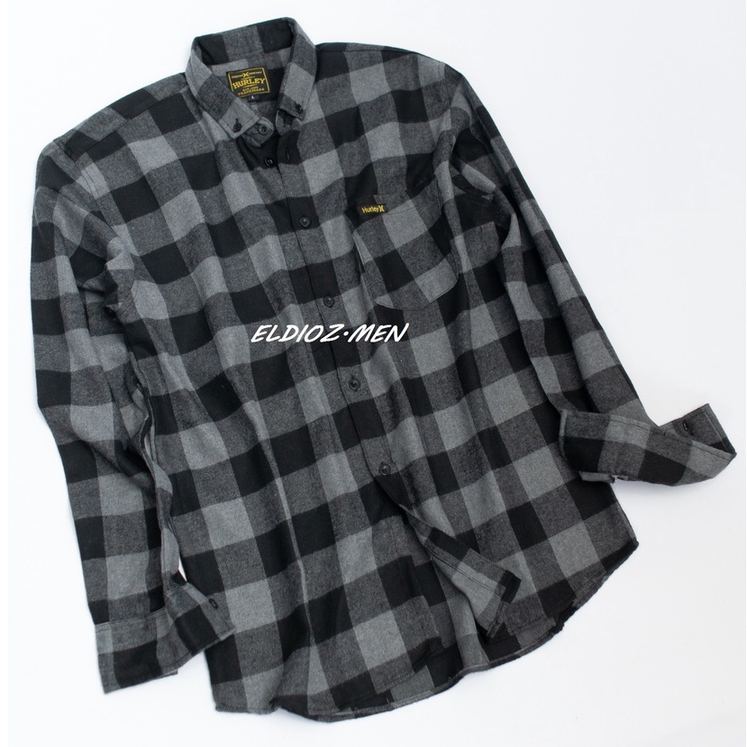 Kemeja Flanel Pria Lengan Panjang Slim Fit Hem Pria Kotak Hitam Abu