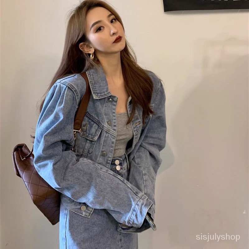 Setelan Gaya Hong Kong Wanita Retro Musim Semi dan Musim Gugur Fashion Jaket Denim Rok Pendek Dua Po