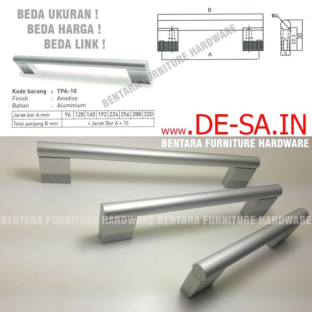 HUBEN TPA-10 192 MM - TARIKAN LACI MEJA LEMARI KABINET GAGANG PINTU Handle Aluminium Anodize (Sekitar 19 - 20 CM ) (TPA-2010)