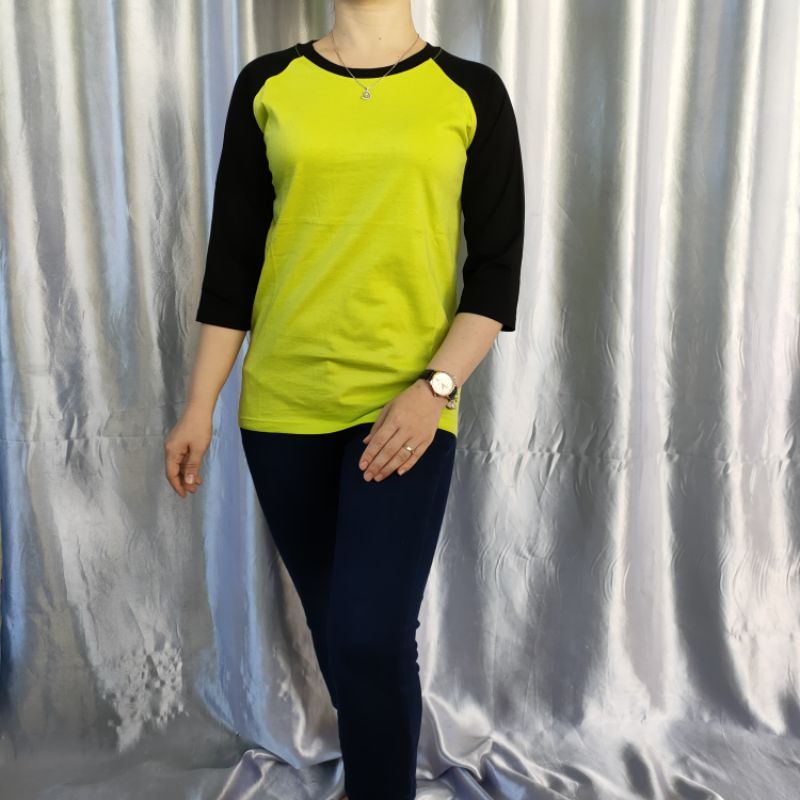 kaos polos reglan wanita (unisex) lengan 3/4 uk m l xl xxl-Stabilo/hitam 3/4
