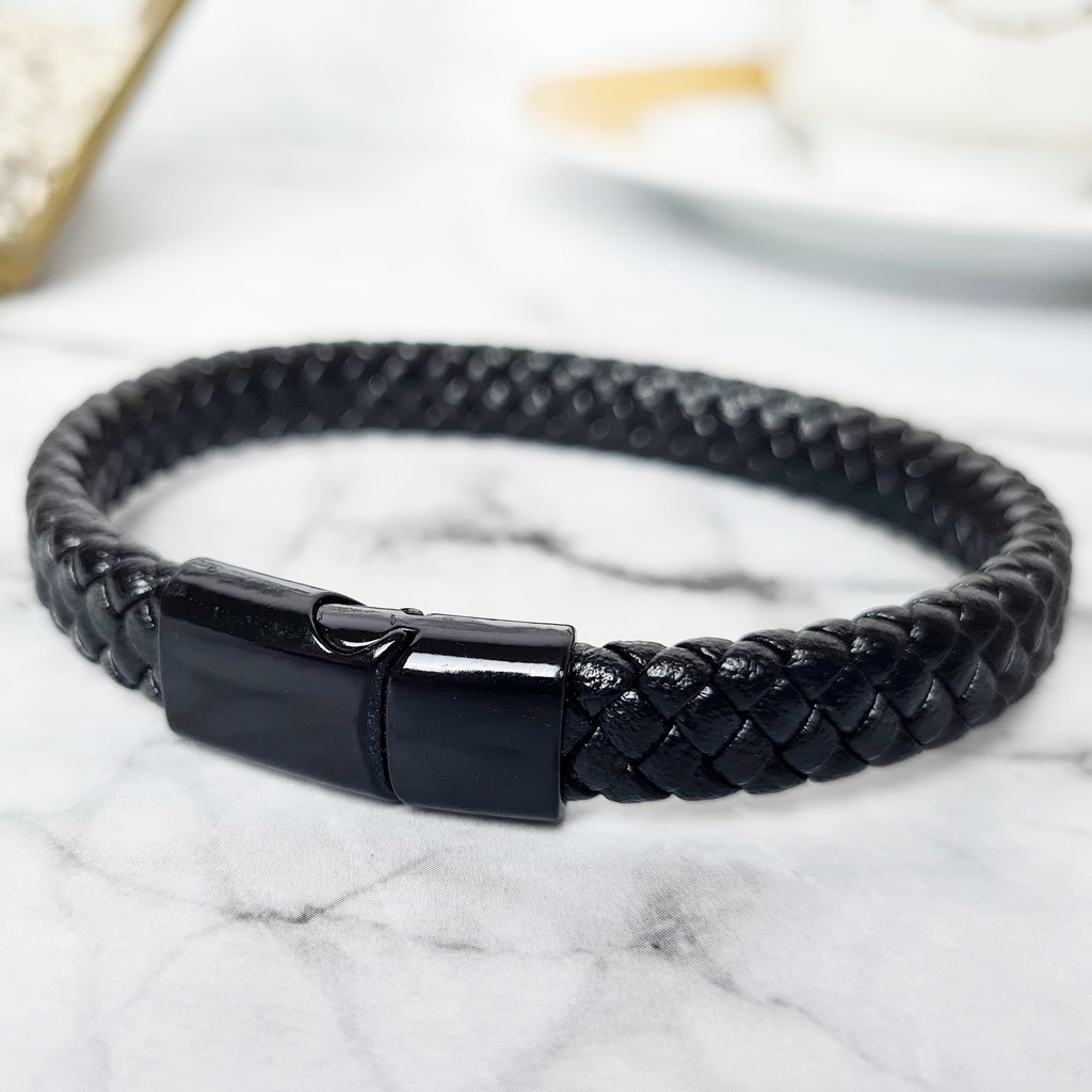 (COD) Gelang Pria Premium Bracelet Men Black full Leather Gold Steel Kulit Hitam Besi Hitam