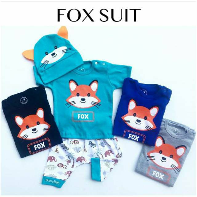 Baju setelan kaos celana topi gambar musang lucu pergi casual fashion anak bayi cowok laki murah FOX