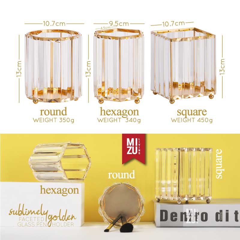 SUBLIMELY GOLDEN FACETED GLASS Pen Holder Glass Stationery Stand Tempat Pensil Alat Tulis Kaca Emas