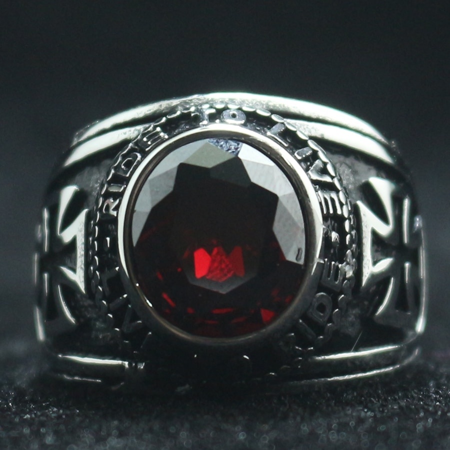 Cincin Biker Bahan Stainless Steel 316l Ukuran 7-14 Aksen Batu Merah Untuk Unisex