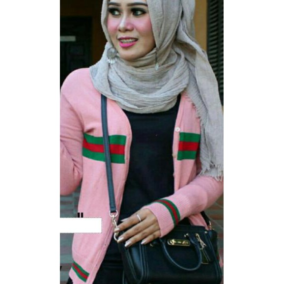 CARDIGAN GUCCI GARIS WANITA CEWEK ABG SIMPLE SPANDEX RAJUT STRECTH - Hitam /Outwear Muslim