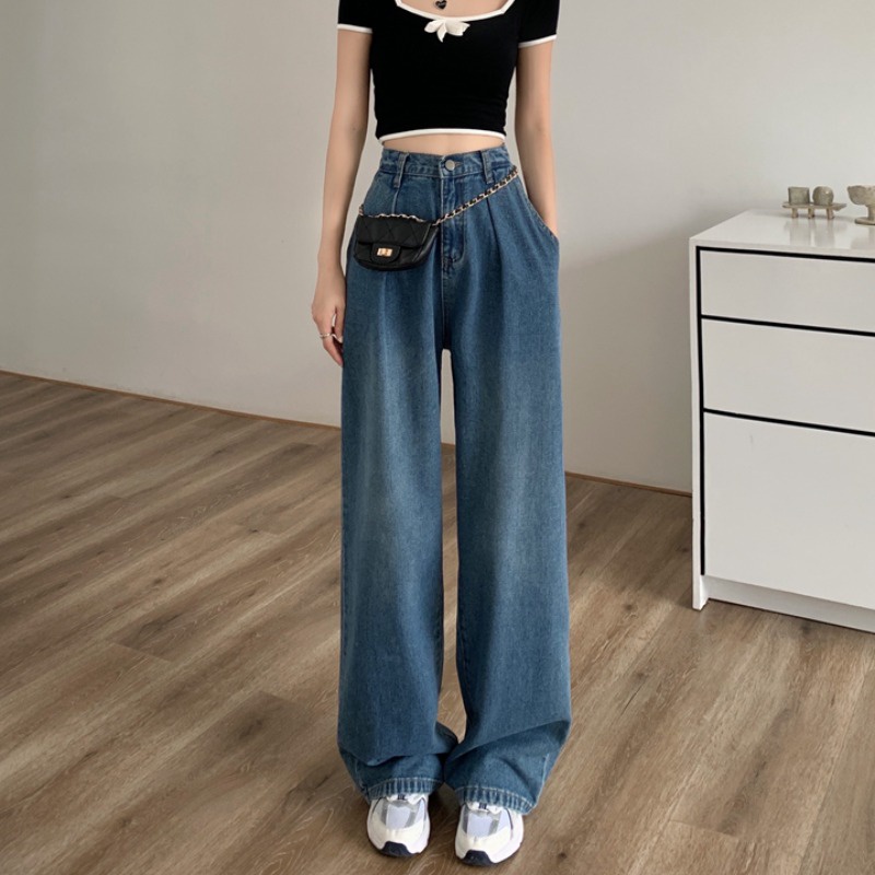 New biru laut high waist murah celana jeans panjang wanita boyfriend kulot