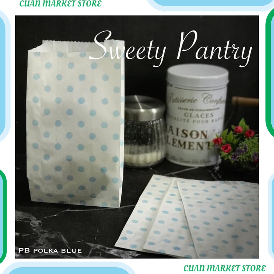 

paper bag / kantong kertas roti kue motif Polka Blue - 100 pcs Kualitas Premium