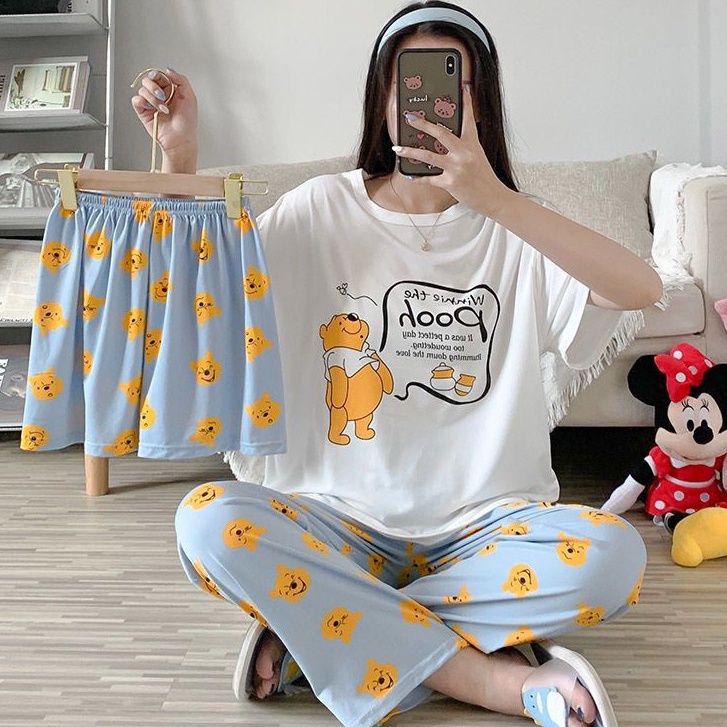 Baju Tidur Wanita Setelan 3 IN 1 Oversize Lengan Pendek Celana Panjang Dan Pendek Bahan Adem Lembut