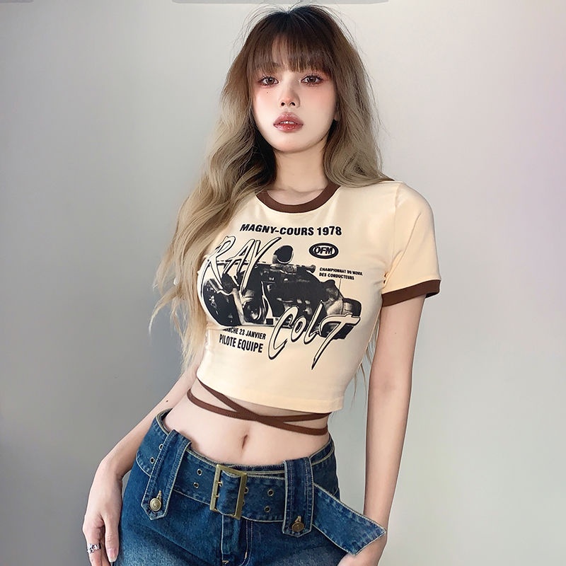 Prove kekinian atasan crop top American ins net red hot girl fun print slim T-shirt female niche design crop top baju import kaos wanita korean style