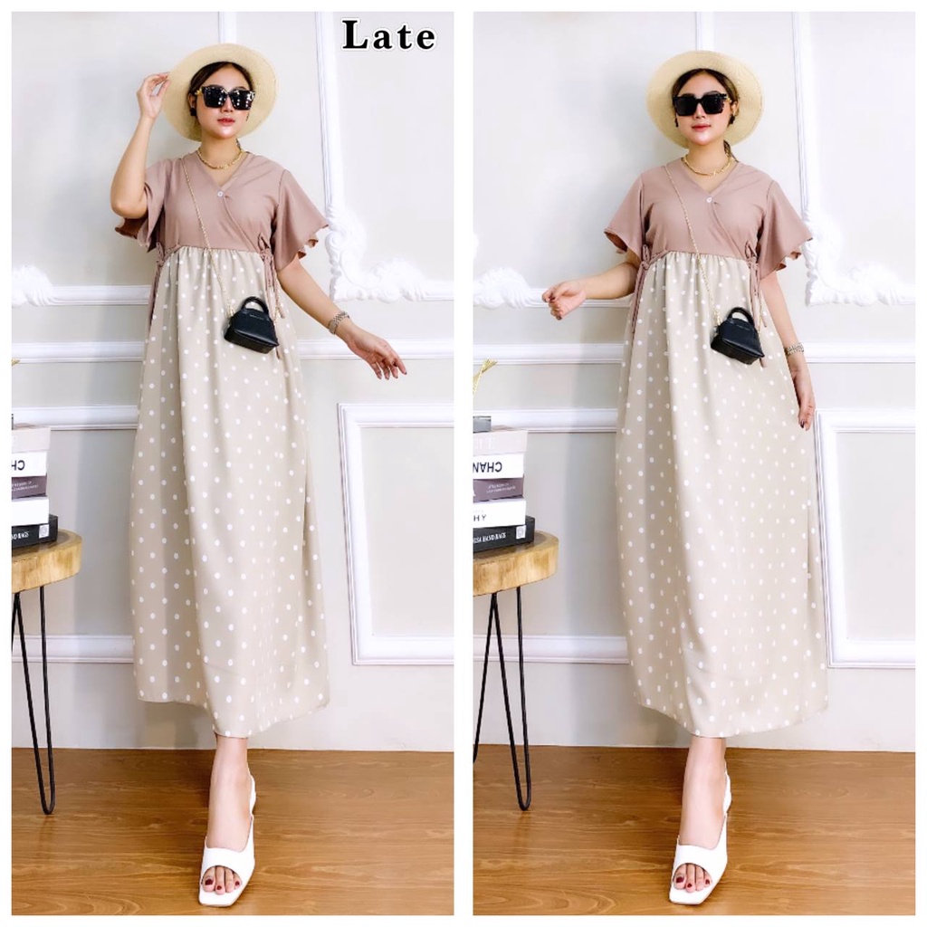 Dress Wanita Kareen Polkadot Shakila Premium Baju Wanita Lengan Pendek Fashion Kekinian LD 110 cm