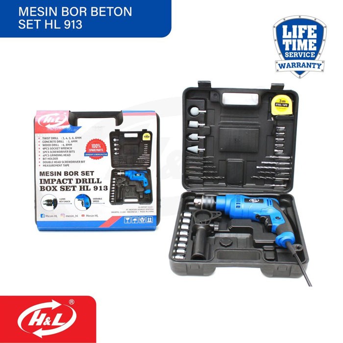 HL 913 Impact Drill Box Set 13mm Mesin Bor 450 Watt HL913