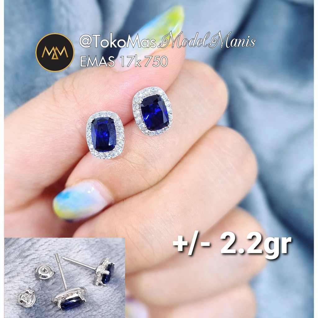 Anting tusuk batu biru lady diana emas putih 750 kadar 17K