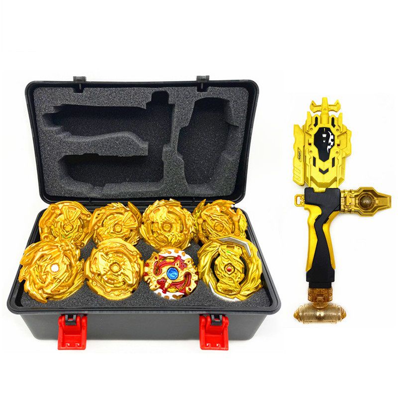 8pcs Golden Beyblade Set Gyro Burst With Launcher Portable Storage Box Kids Gift