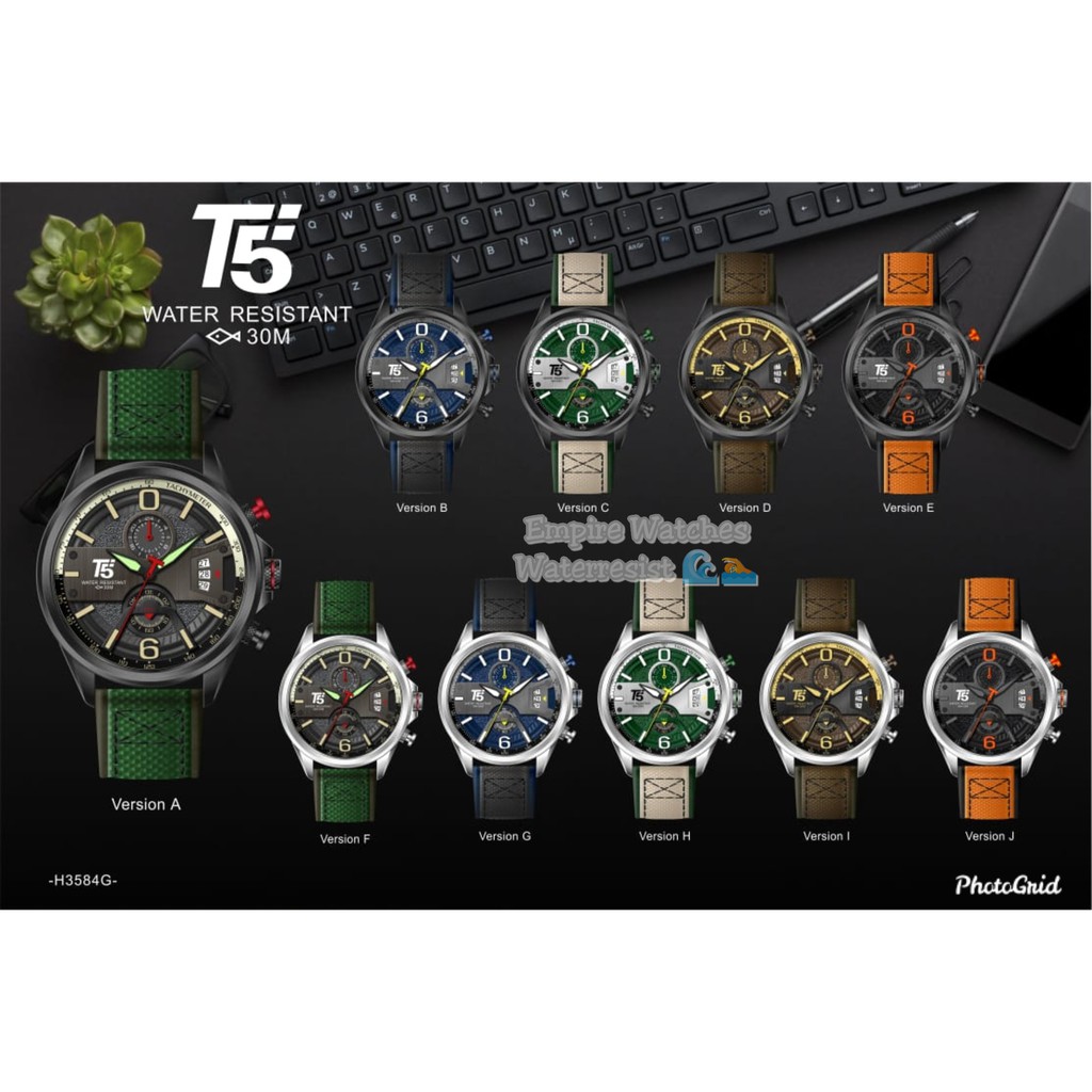 Jam Tangan T5 H3584G H3584 3584 Pria Cowok Analog Chrono dan Tanggal Aktif Strap Kanvas Leather Orig