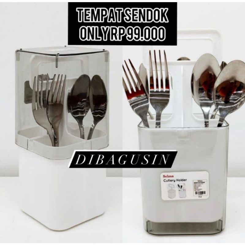 Tempat sendok tempat garpu putih dengan tutup