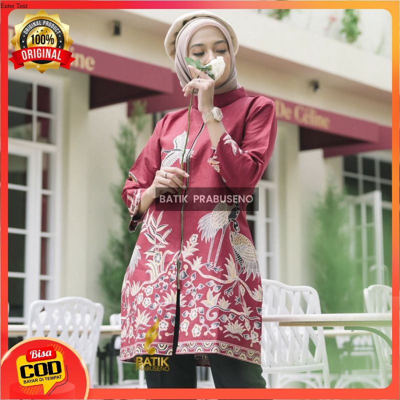 TUNIK AGUSTIN ATASAN BATIK WANITA LENGAN PANJANG KATUN PRINTING MOTIF BATIK PRABUSENO ORIGINAL BATIK