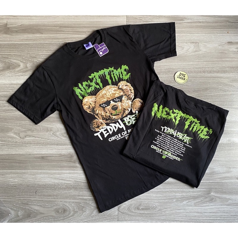 BAJU KAOS PRIA DISTRO ORIGINAL NEXT-TIME TEDY BEAR HITAM PENDEK / KAOS DISTRO SABLON PLASTISOL