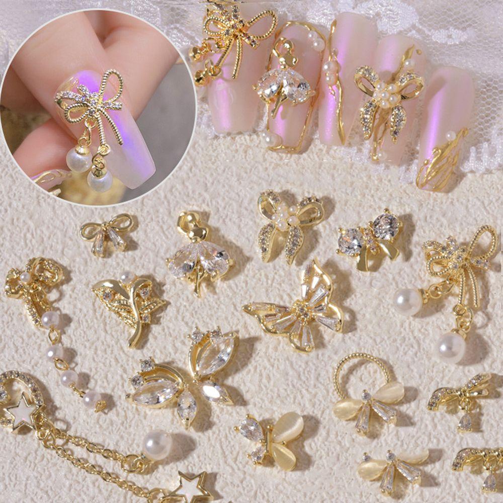 Needway Ikatan Simpul Kuku Rhinestones Pesona Logam Mutiara Mewah Kupu-Kupu 3D Hiasan Kuku DIY Nail Art Dekorasi