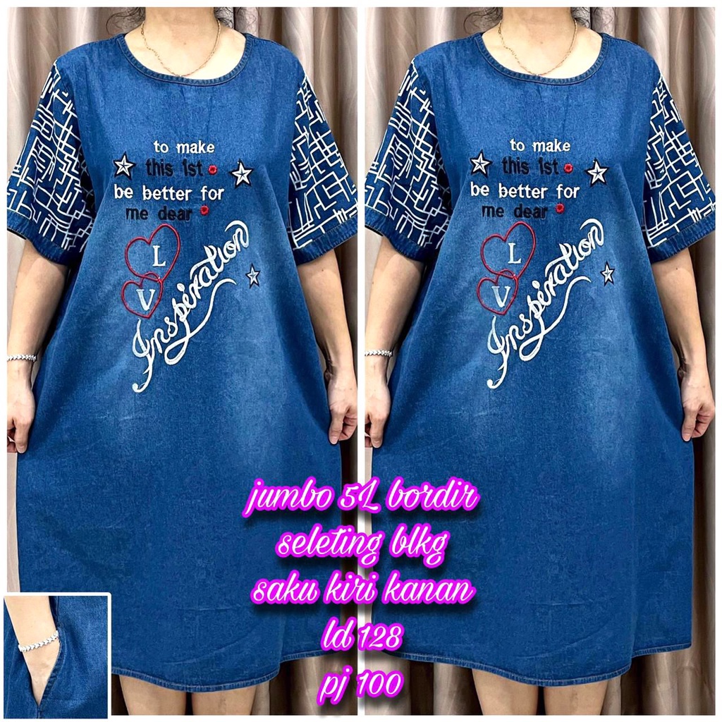 GFH615 Dress Wanita Jeans Denim Bordir Salur Lengan Pendek Jumbo 5L LD128 Resleting