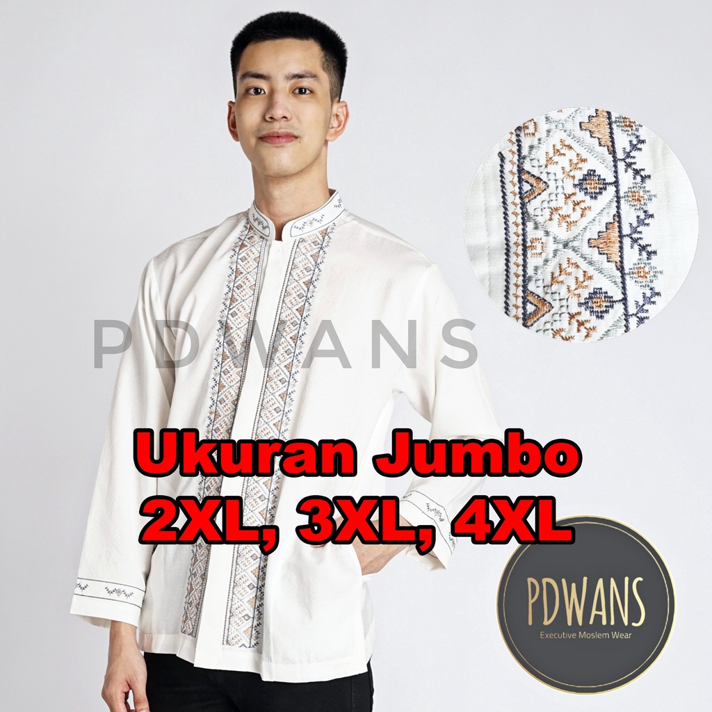 Baju Koko JUMBO BIG SIZE XXL XXXL XXXXL 2XL 3XL 4XL Lengan Panjang Putih Tulang Kemeja Koko Muslim Bordir  PDWANS - WANSPJG01JUMBO