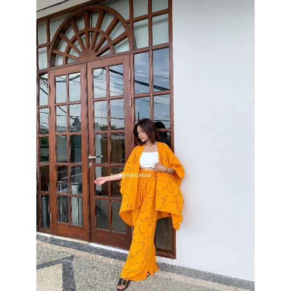 Setelan Cardigan Kulot Worm / Set Auter Pantai | Setcel Hijaber | Setelan Wanita Cacing-Mustard