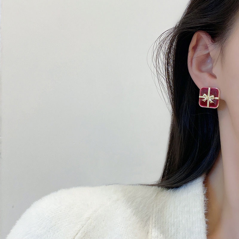 Anting Stud Jarum Perak 925 Bentuk Persegi Aksen Pita